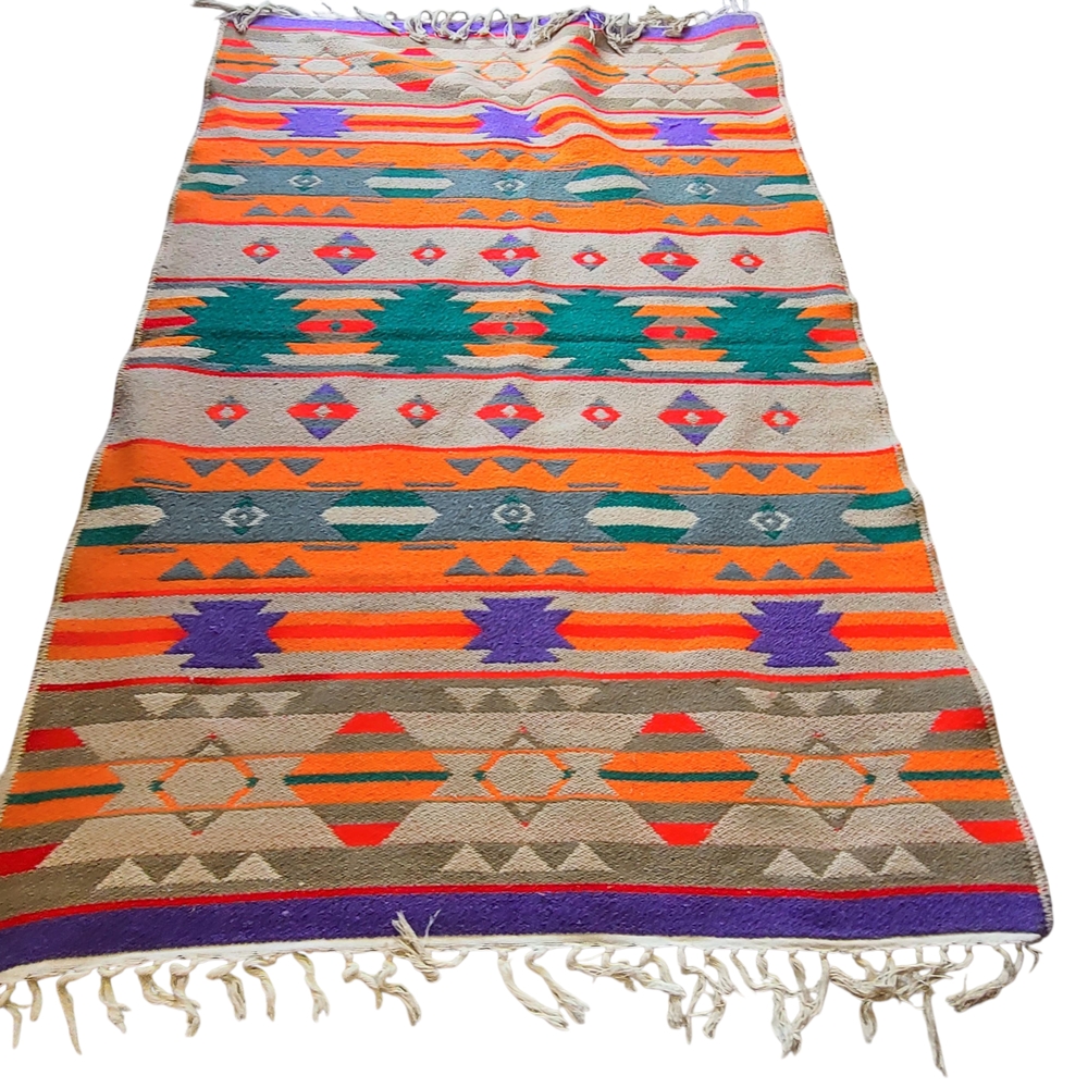 Vintage Woven Wool Geometric Area Rug Reversible Southwestern Cabincore - Picture 3 of 4